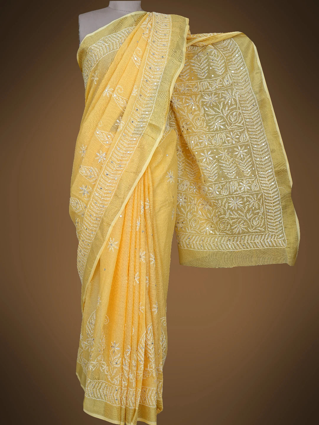 Ada Hand Embroidered Yellow Kota Lucknowi Chikankari Saree And Blouse With Mirror Work 01A635955