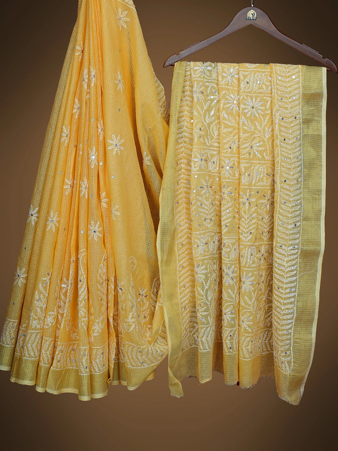 Ada Hand Embroidered Yellow Kota Lucknowi Chikankari Saree And Blouse With Mirror Work 01A635955