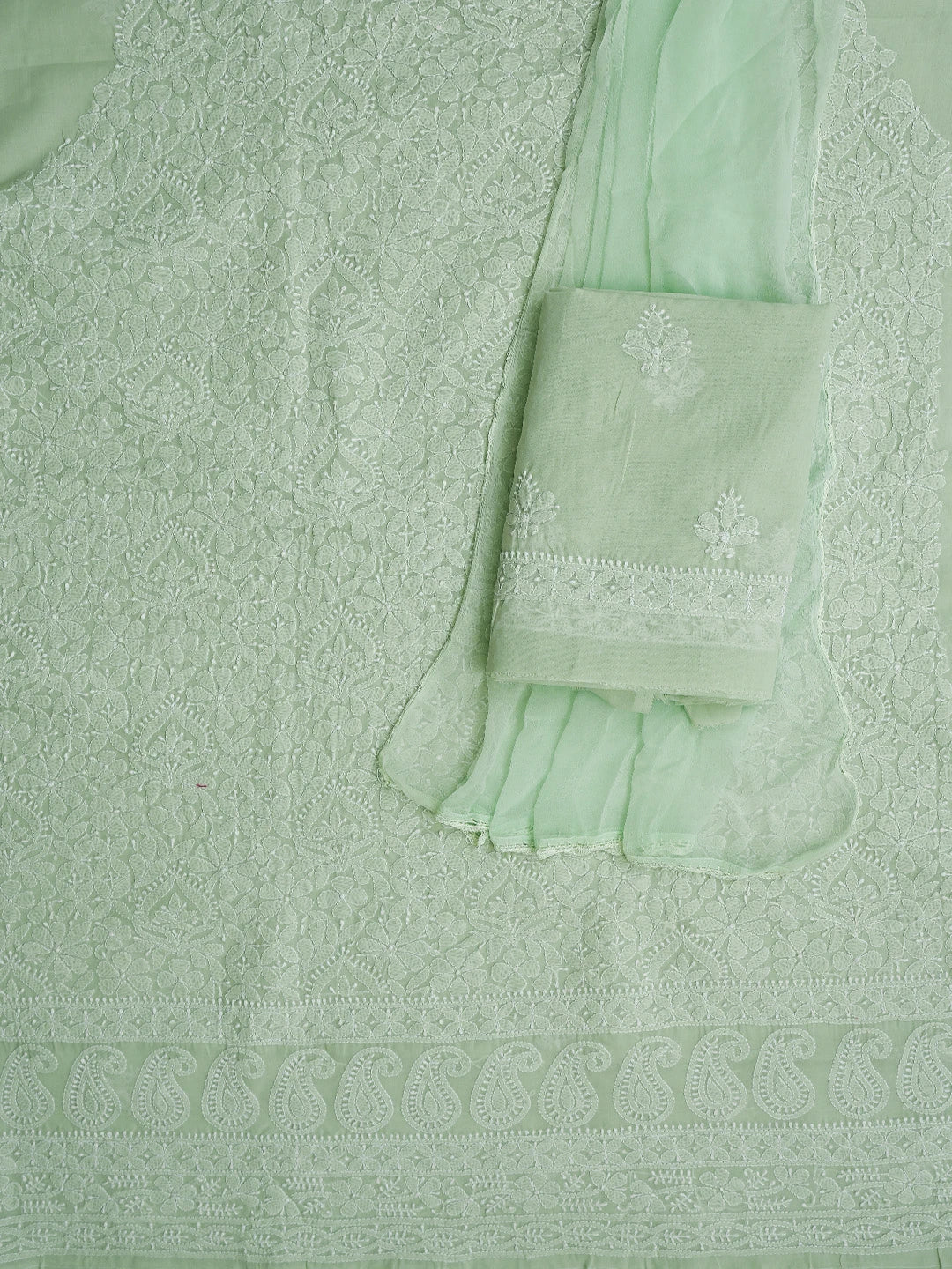 Ada Hand Embroidered Pista Green Cotton Lucknowi Chikankari Unstitched Suit Piece 01A818598