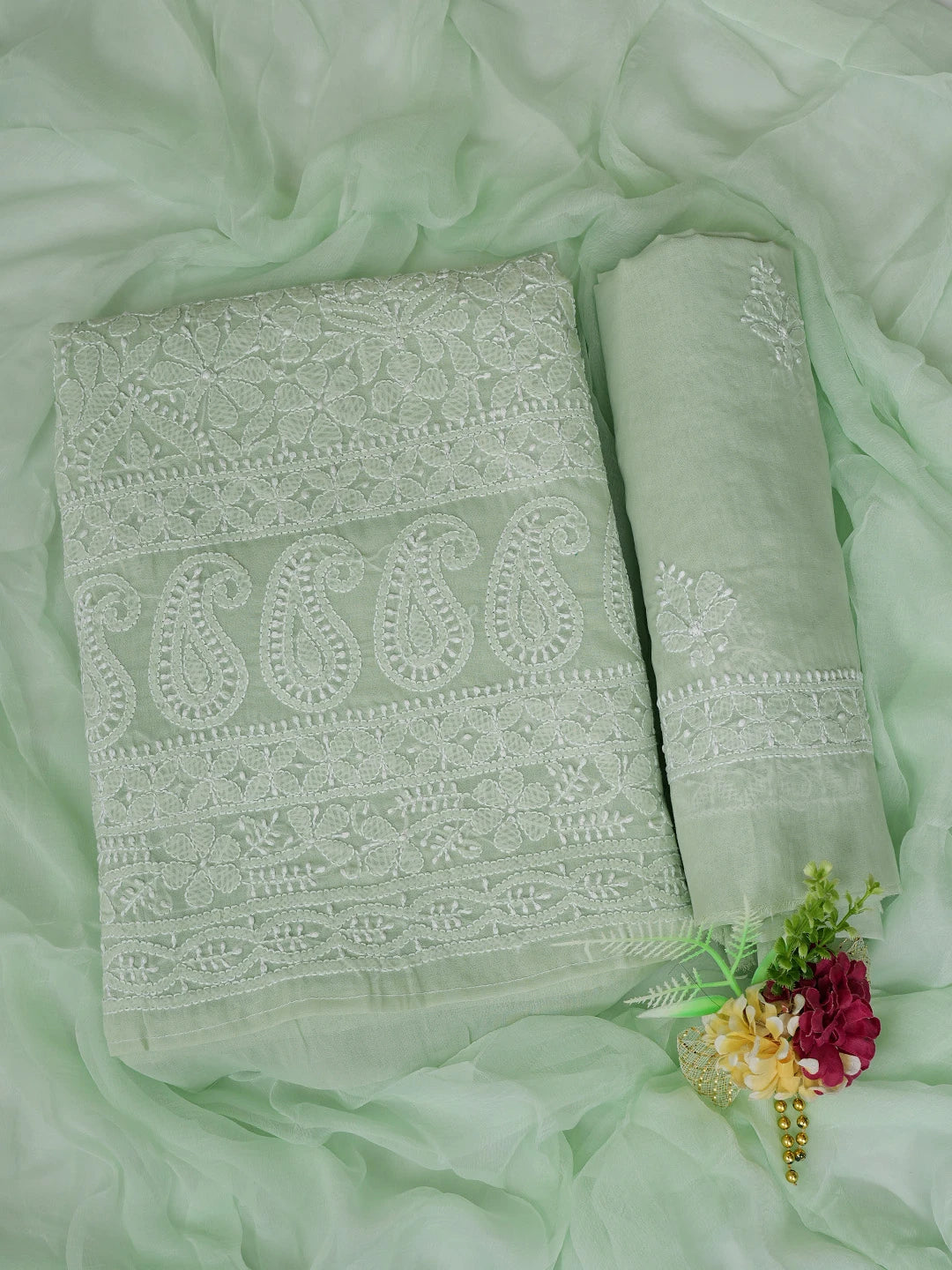 Ada Hand Embroidered Pista Green Cotton Lucknowi Chikankari Unstitched Suit Piece 01A818598