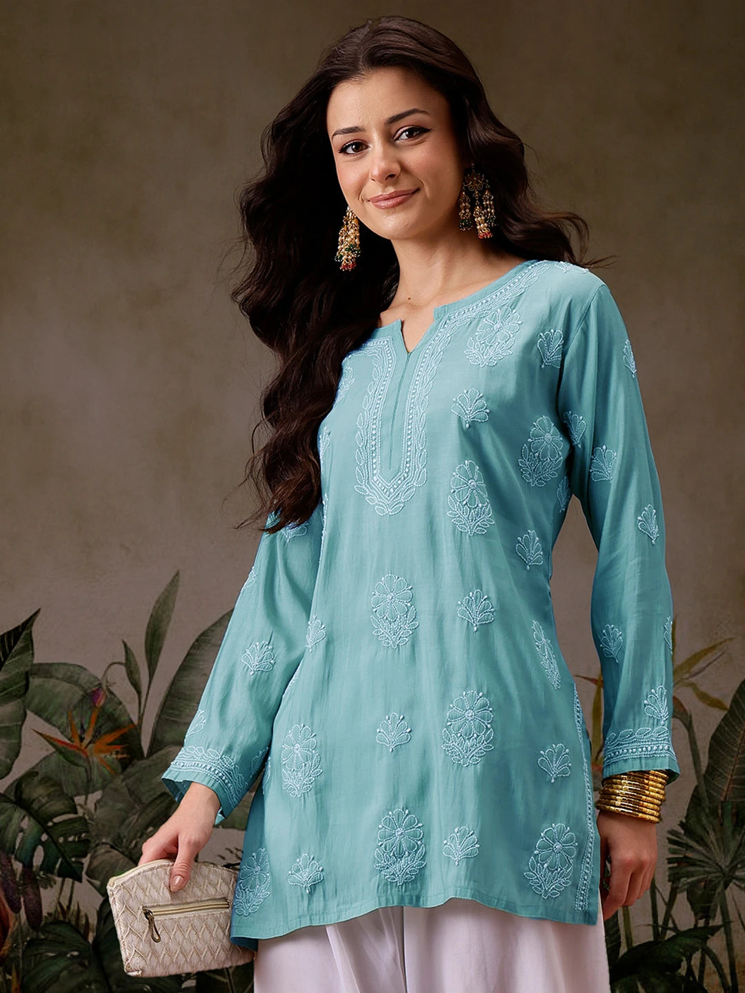 Ada Hand Embroidered Turquoise Blue Chanderi Silk Lucknowi Chikankari Short Kurti A911477