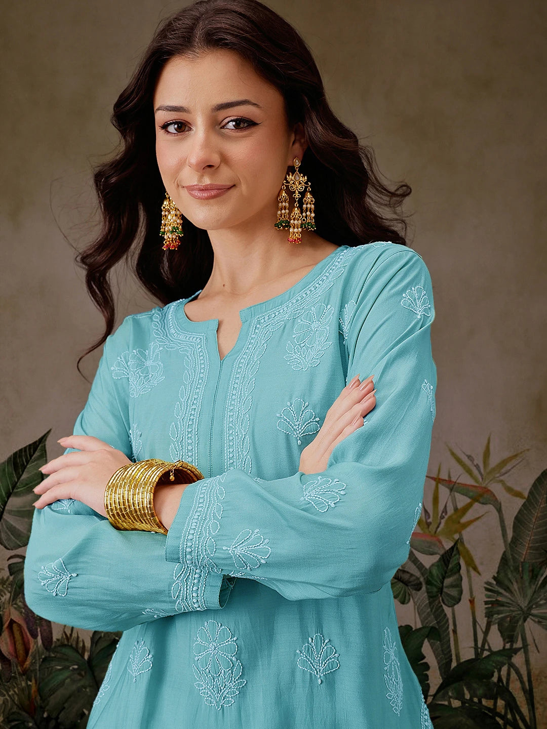 Ada Hand Embroidered Turquoise Blue Chanderi Silk Lucknowi Chikankari Short Kurti A911477