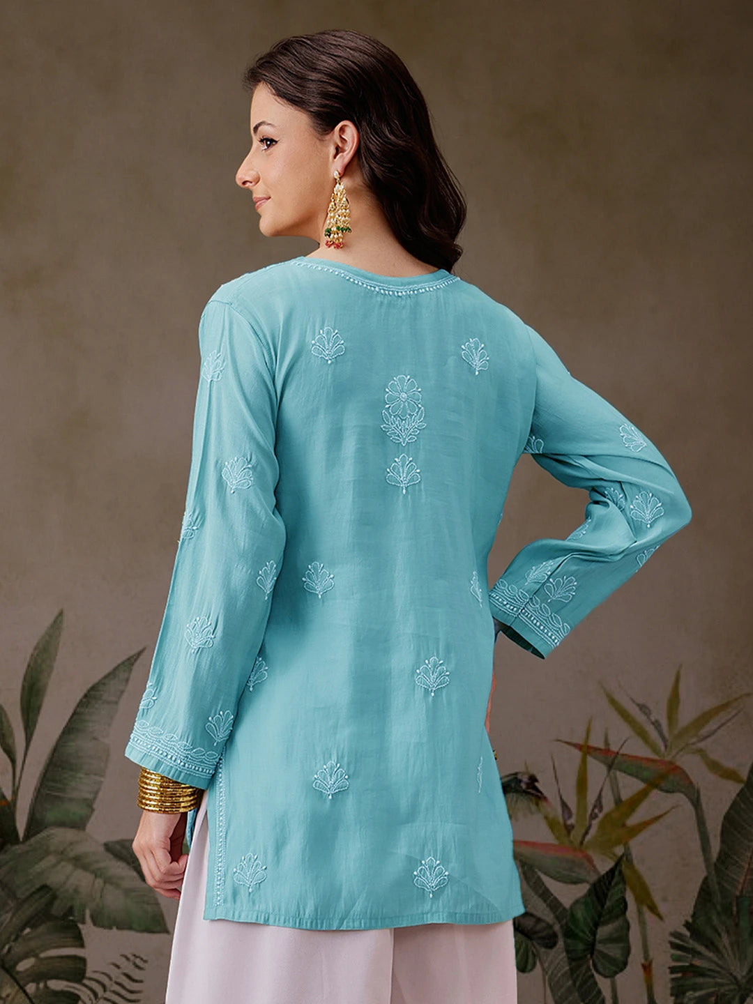 Ada Hand Embroidered Turquoise Blue Chanderi Silk Lucknowi Chikankari Short Kurti A911477