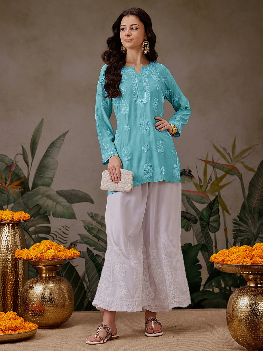 Ada Hand Embroidered Turquoise Blue Chanderi Silk Lucknowi Chikankari Short Kurti A911477