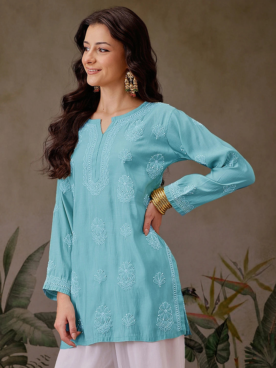 Ada Hand Embroidered Turquoise Blue Chanderi Silk Lucknowi Chikankari Short Kurti A911477