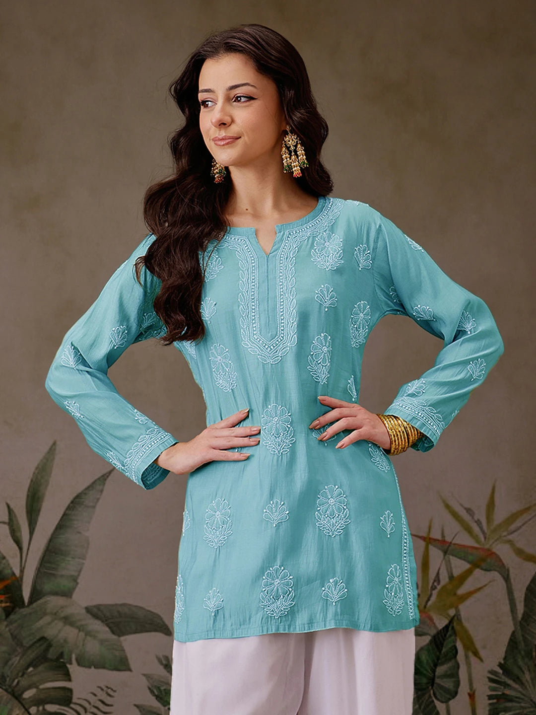 Ada Hand Embroidered Turquoise Blue Chanderi Silk Lucknowi Chikankari Short Kurti A911477