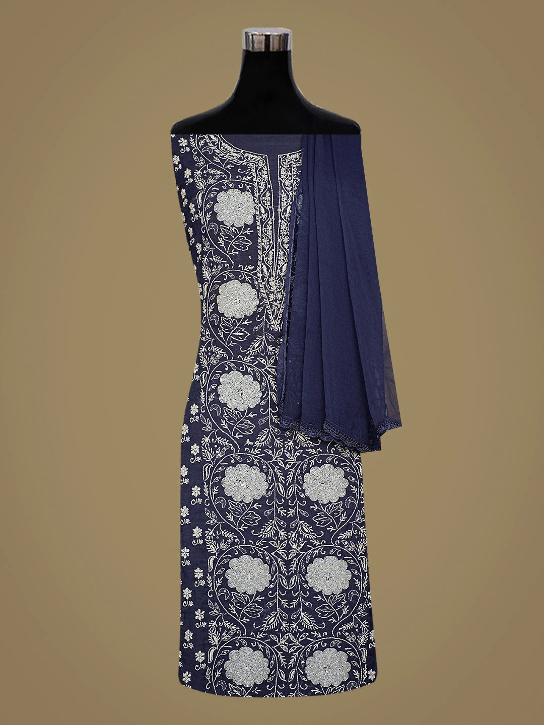 Ada Hand Embroidered Navy Blue Chanderi Lucknowi Chikankari Unstitched Suit Piece With Cutdana Work 01A800816