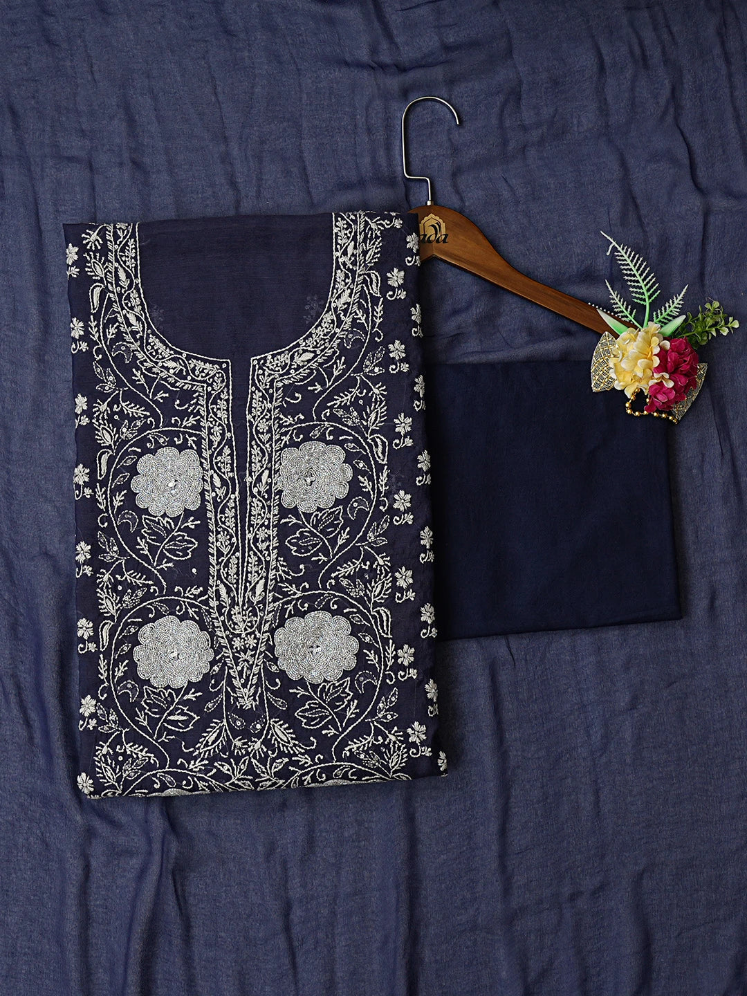 Ada Hand Embroidered Navy Blue Chanderi Lucknowi Chikankari Unstitched Suit Piece With Cutdana Work 01A800816