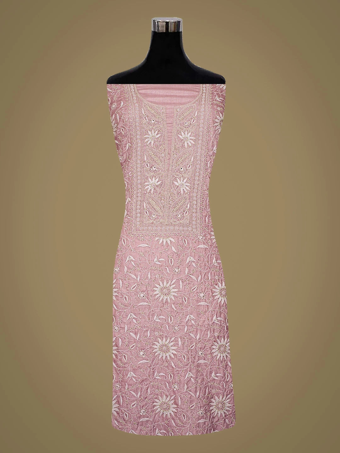 Ada Hand Embroidered Onion Pink Silk Lucknowi Chikankari Unstitched Suit Piece With Cutdana Work 01A783113