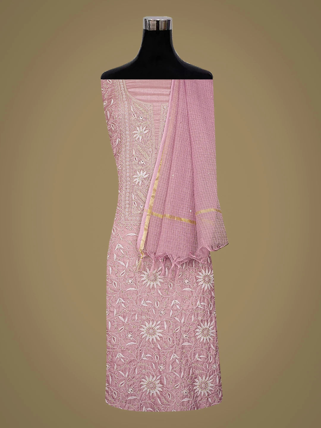 Ada Hand Embroidered Onion Pink Silk Lucknowi Chikankari Unstitched Suit Piece With Cutdana Work 01A783113