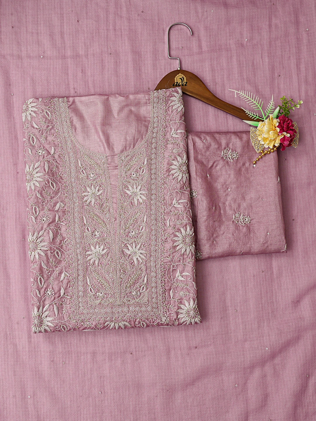 Ada Hand Embroidered Onion Pink Silk Lucknowi Chikankari Unstitched Suit Piece With Cutdana Work 01A783113