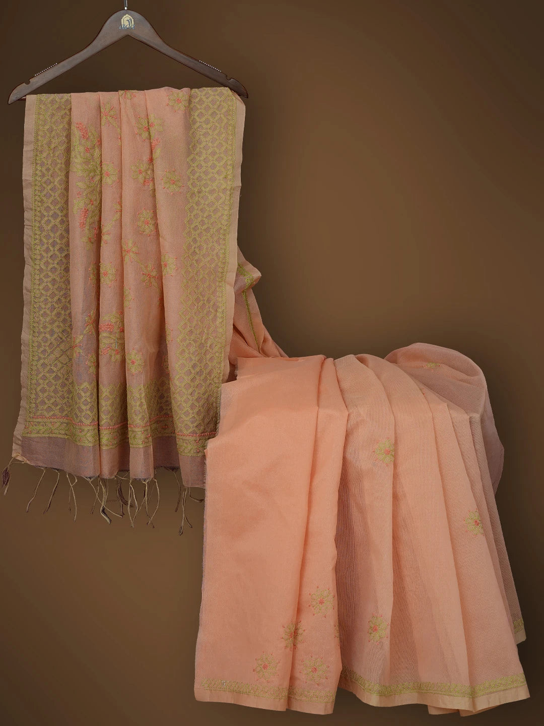 Ada Hand Embroidered Peach Super Net Lucknowi Chikankari Saree and Blouse 01A814534