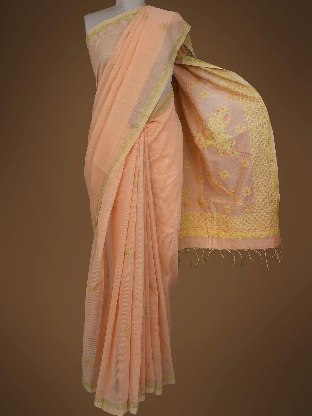 Ada Hand Embroidered Peach Super Net Lucknowi Chikankari Saree and Blouse 01A814534