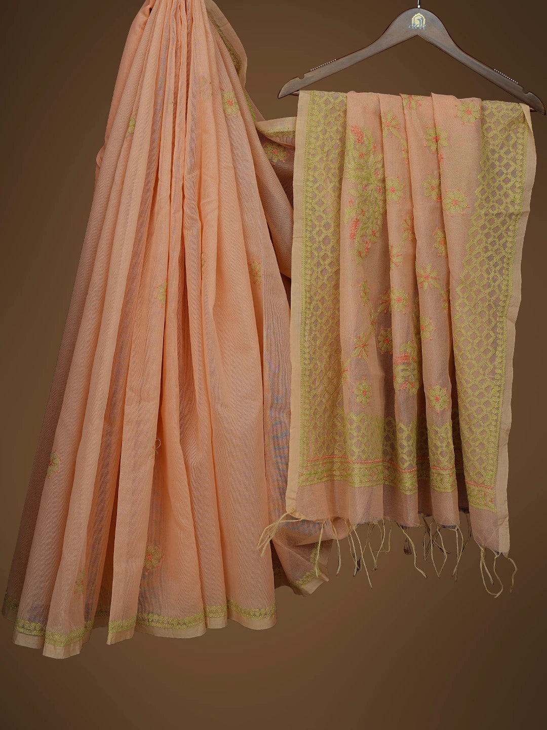 Ada Hand Embroidered Peach Super Net Lucknowi Chikankari Saree and Blouse 01A814534