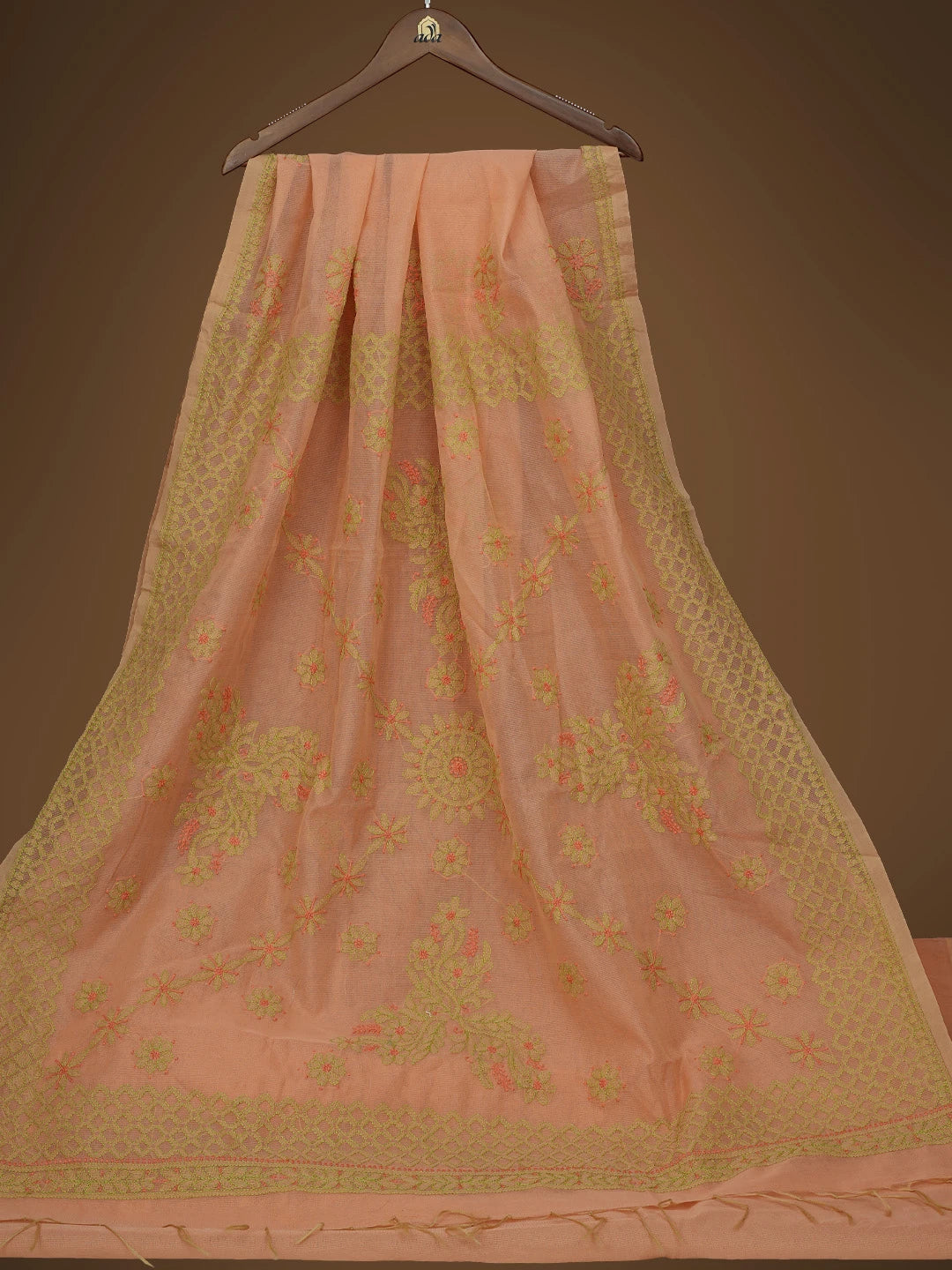Ada Hand Embroidered Peach Super Net Lucknowi Chikankari Saree and Blouse 01A814534