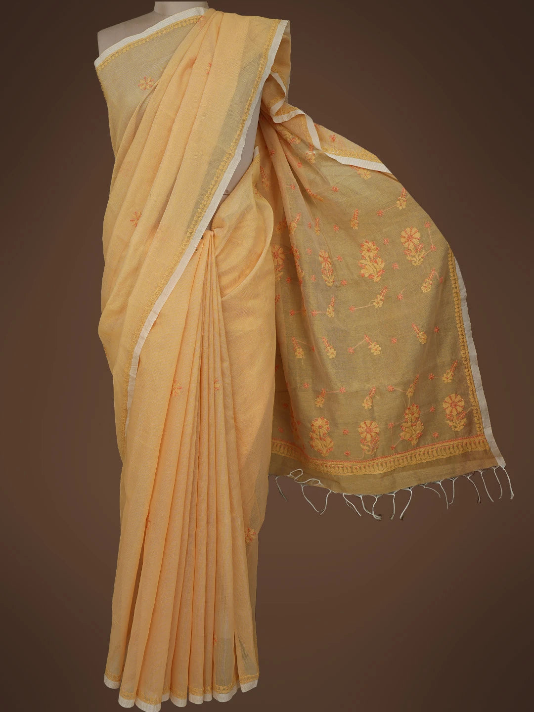 Ada Hand Embroidered Beige Super Net Lucknowi Chikankari Saree and Blouse 01A814533