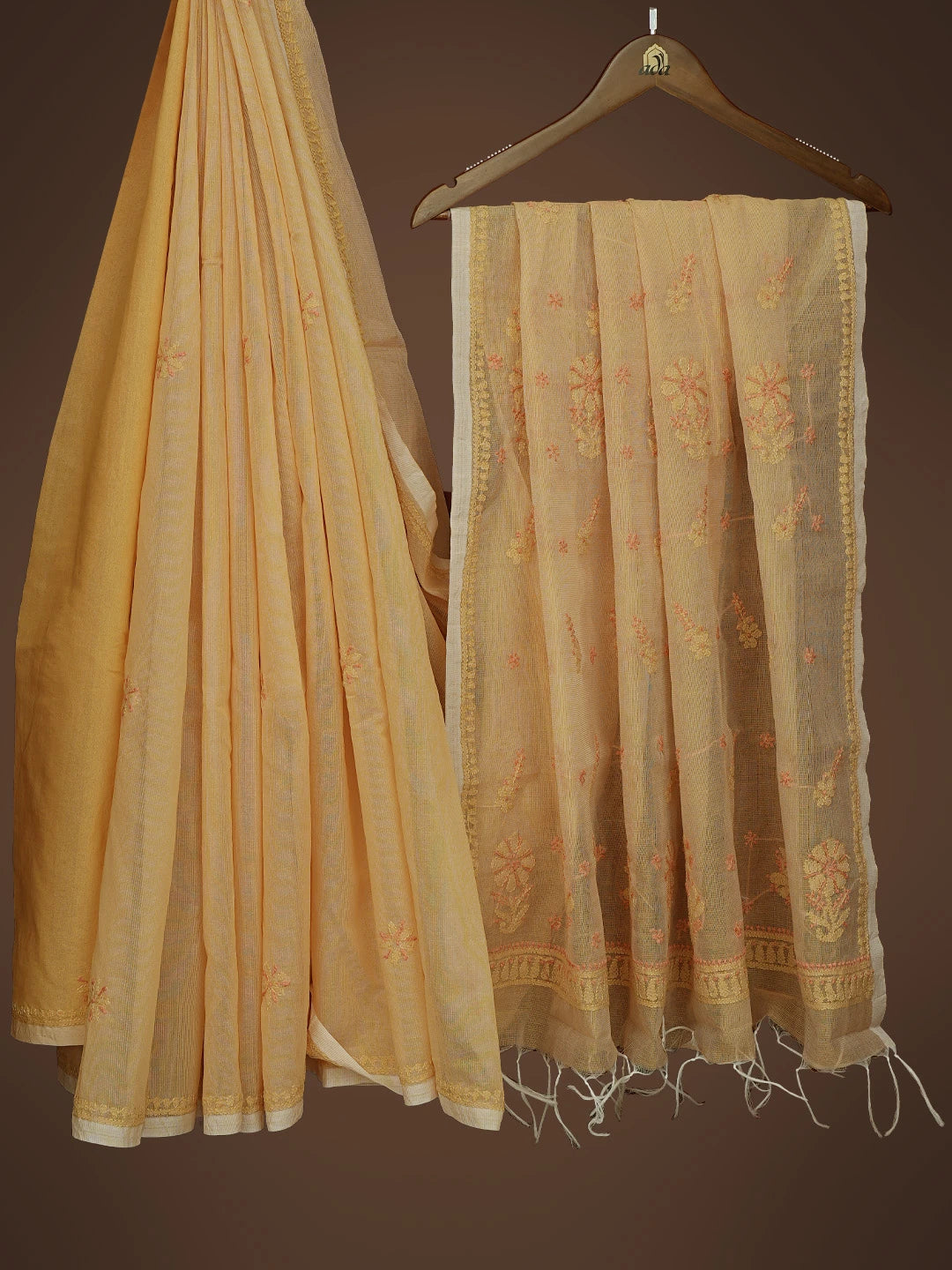 Ada Hand Embroidered Beige Super Net Lucknowi Chikankari Saree and Blouse 01A814533