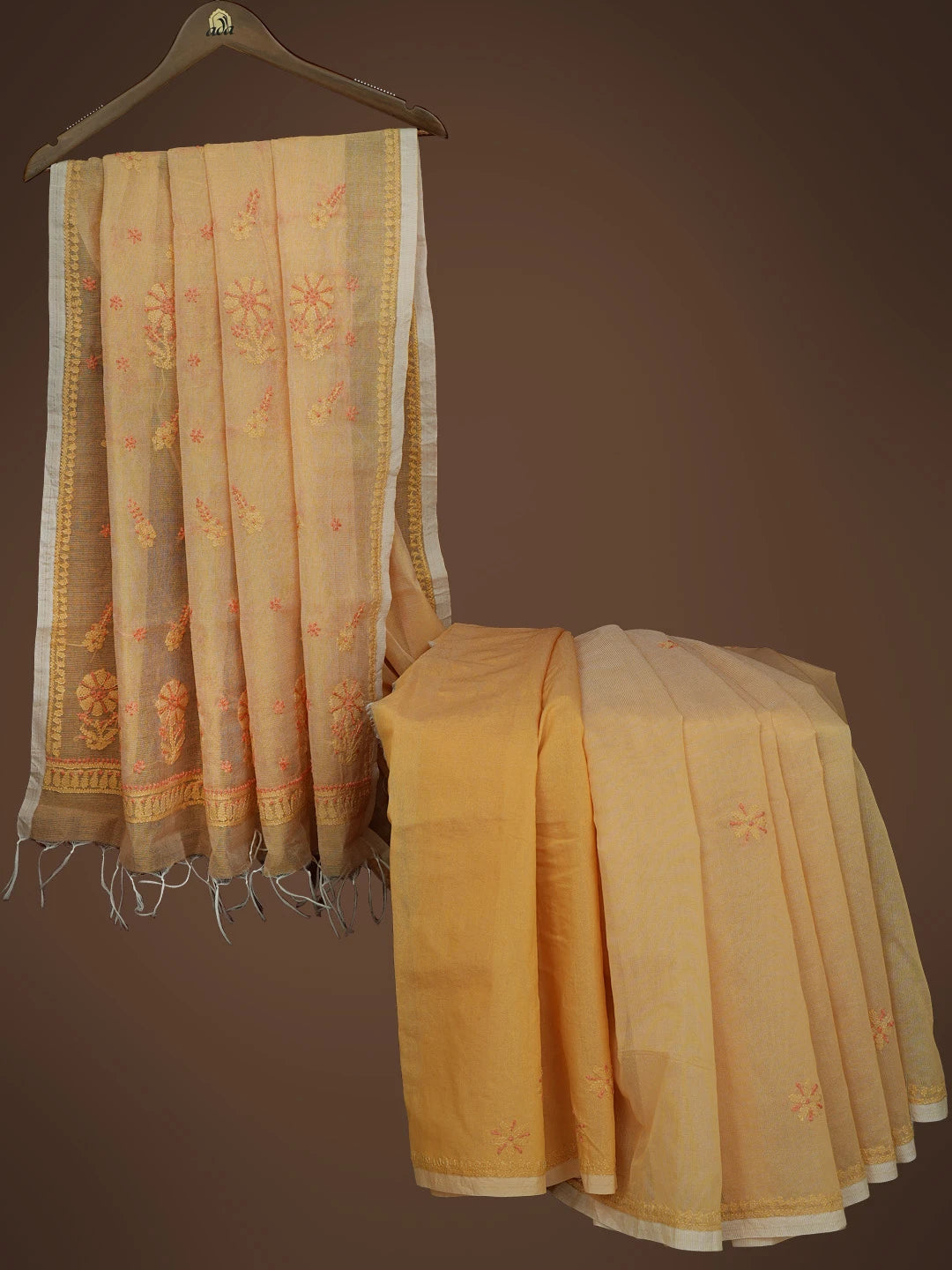 Ada Hand Embroidered Beige Super Net Lucknowi Chikankari Saree and Blouse 01A814533