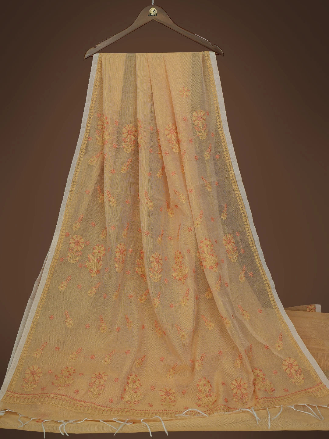 Ada Hand Embroidered Beige Super Net Lucknowi Chikankari Saree and Blouse 01A814533