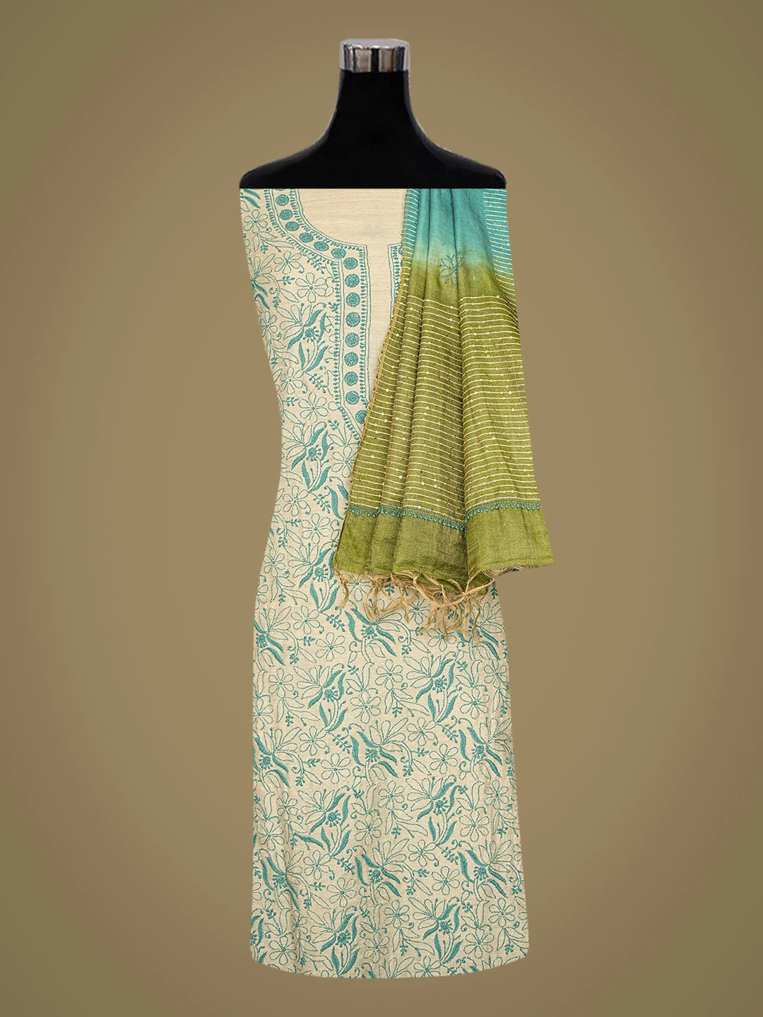 Ada Hand Embroidered Fawn Silk Lucknowi Chikankari Unstitched Suit Piece 01A716144