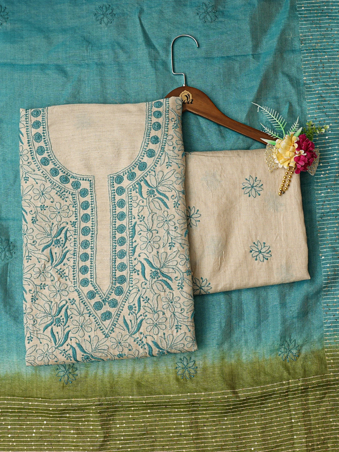 Ada Hand Embroidered Fawn Silk Lucknowi Chikankari Unstitched Suit Piece 01A716144