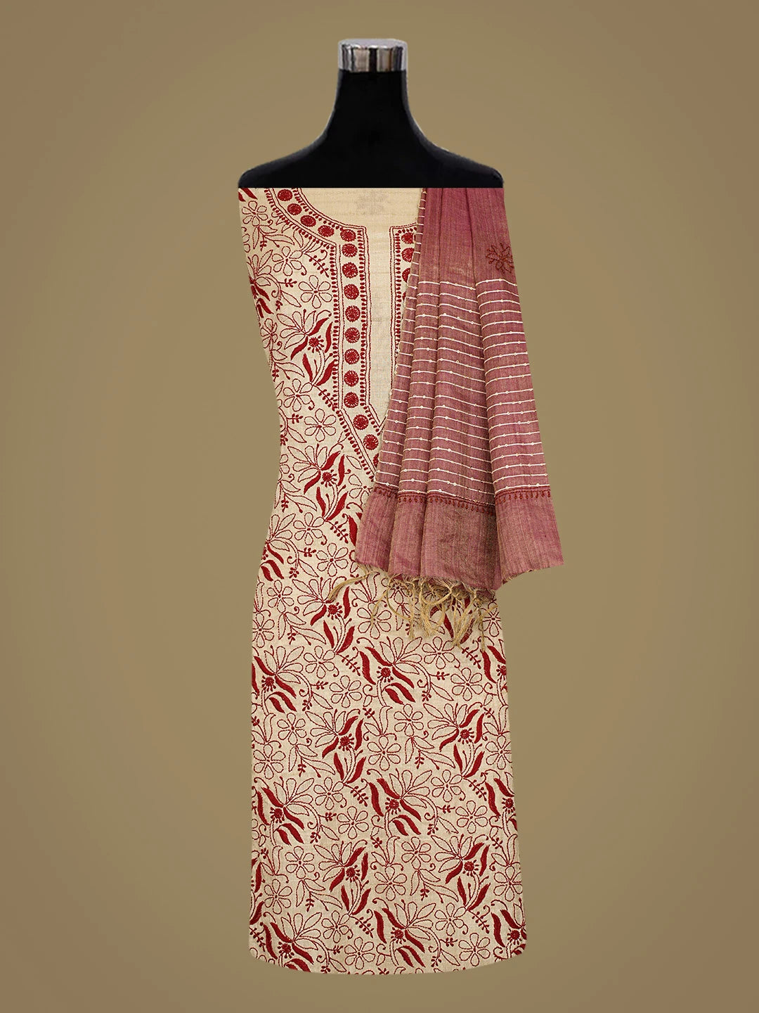 Ada Hand Embroidered Fawn Silk Lucknowi Chikankari Unstitched Suit Piece 01A716141