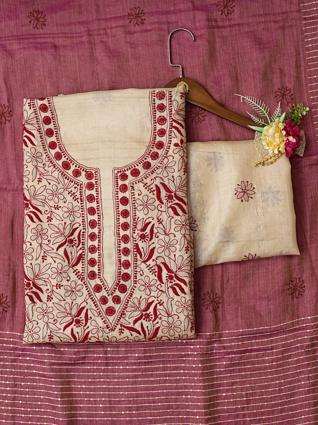Ada Hand Embroidered Fawn Silk Lucknowi Chikankari Unstitched Suit Piece 01A716141
