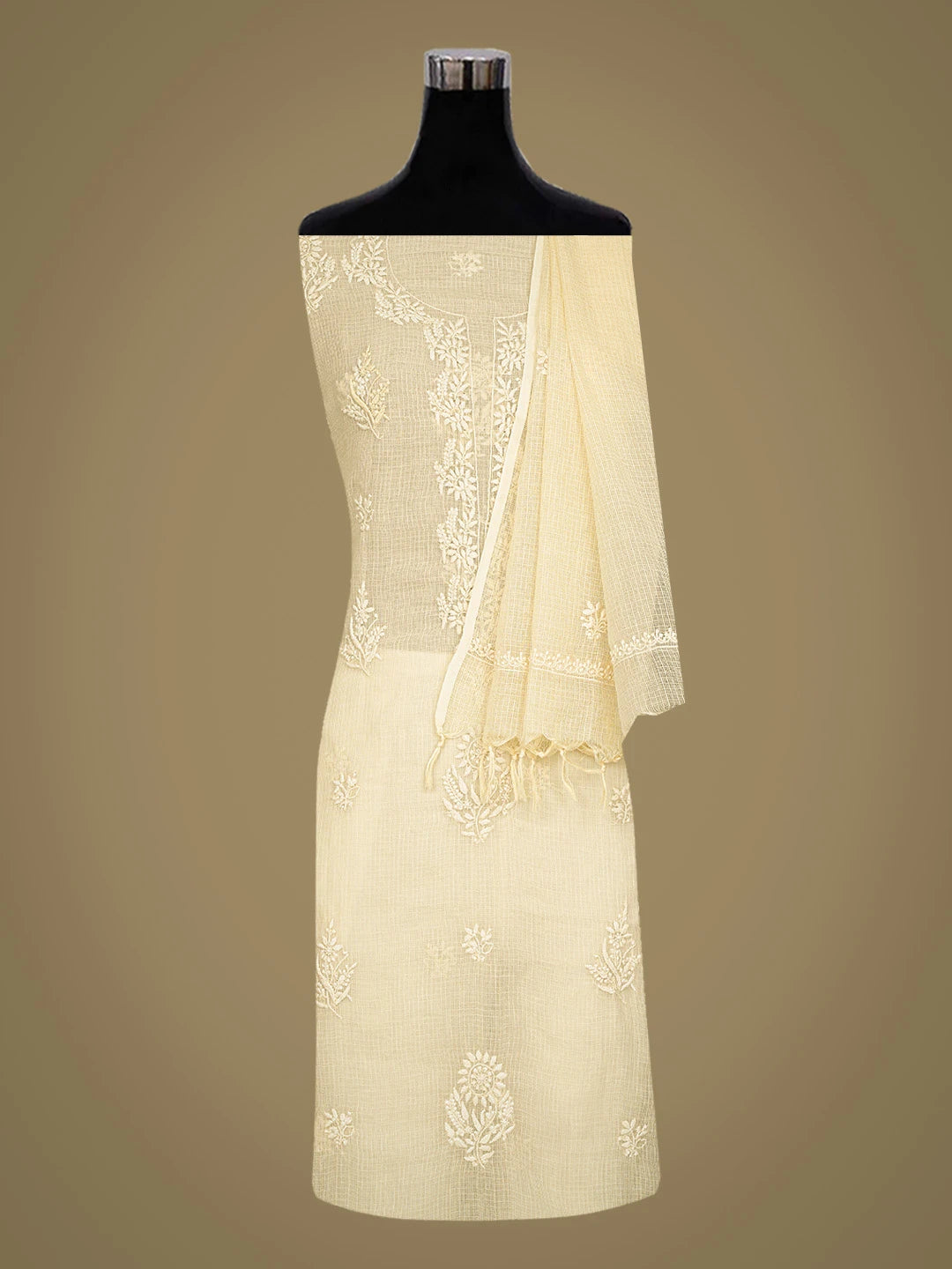 Ada Hand Embroidered Beige Kota Lucknowi Chikankari Unstitched Kurta Dupatta Set 01A796091