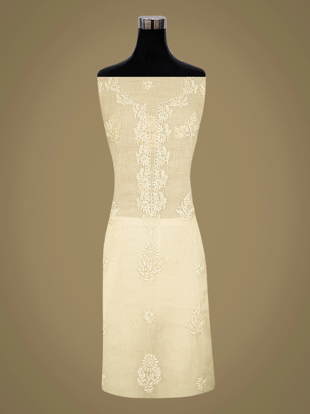 Ada Hand Embroidered Beige Kota Lucknowi Chikankari Unstitched Kurta Dupatta Set 01A796091