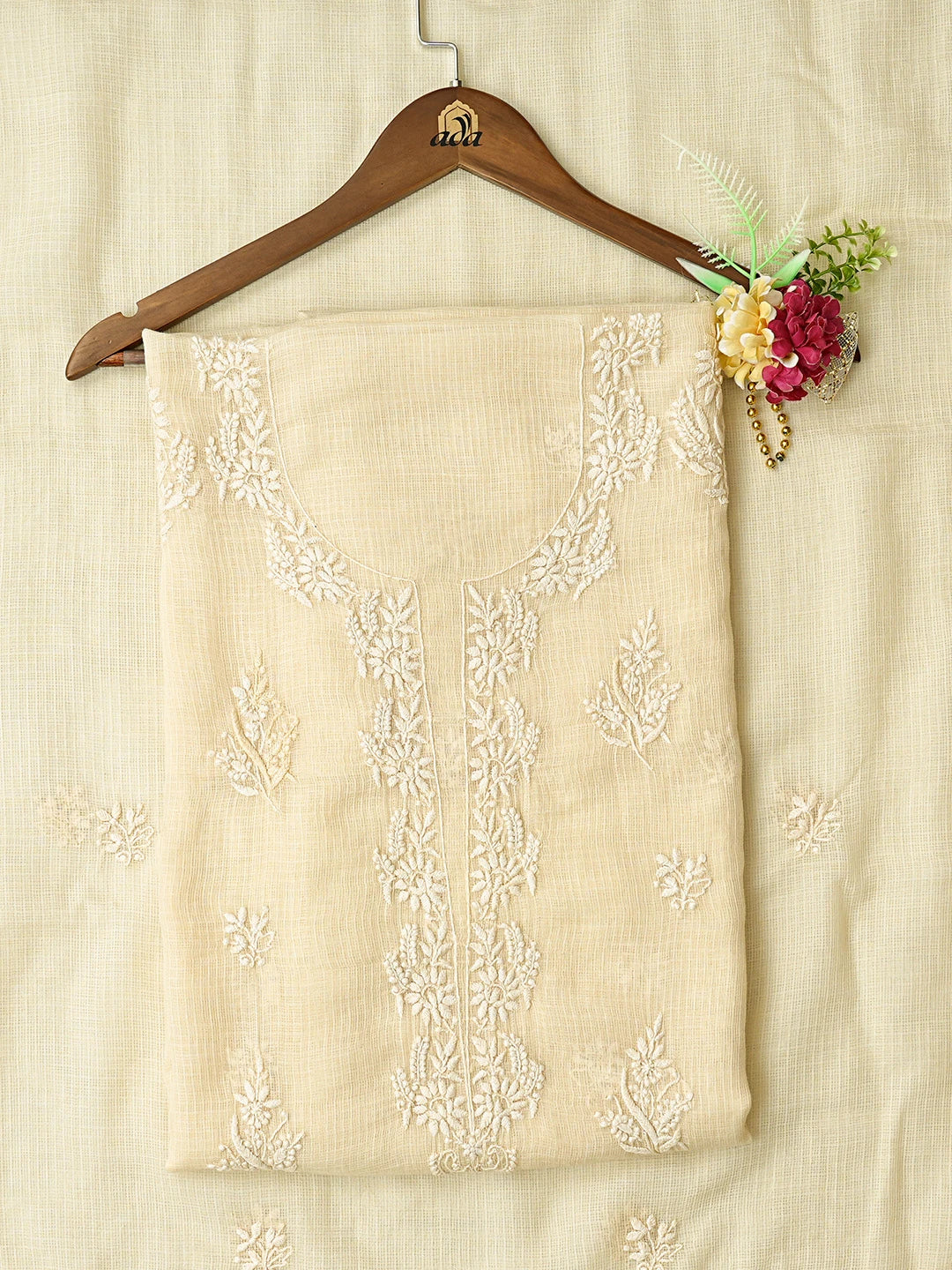 Ada Hand Embroidered Beige Kota Lucknowi Chikankari Unstitched Kurta Dupatta Set 01A796091
