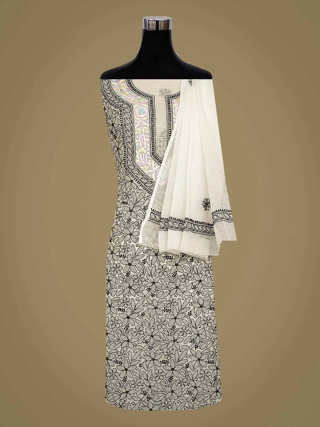 Ada Hand Embroidered White Kota Lucknowi Chikankari Unstitched Kurta Dupatta Set With Parsi Work 01A535595