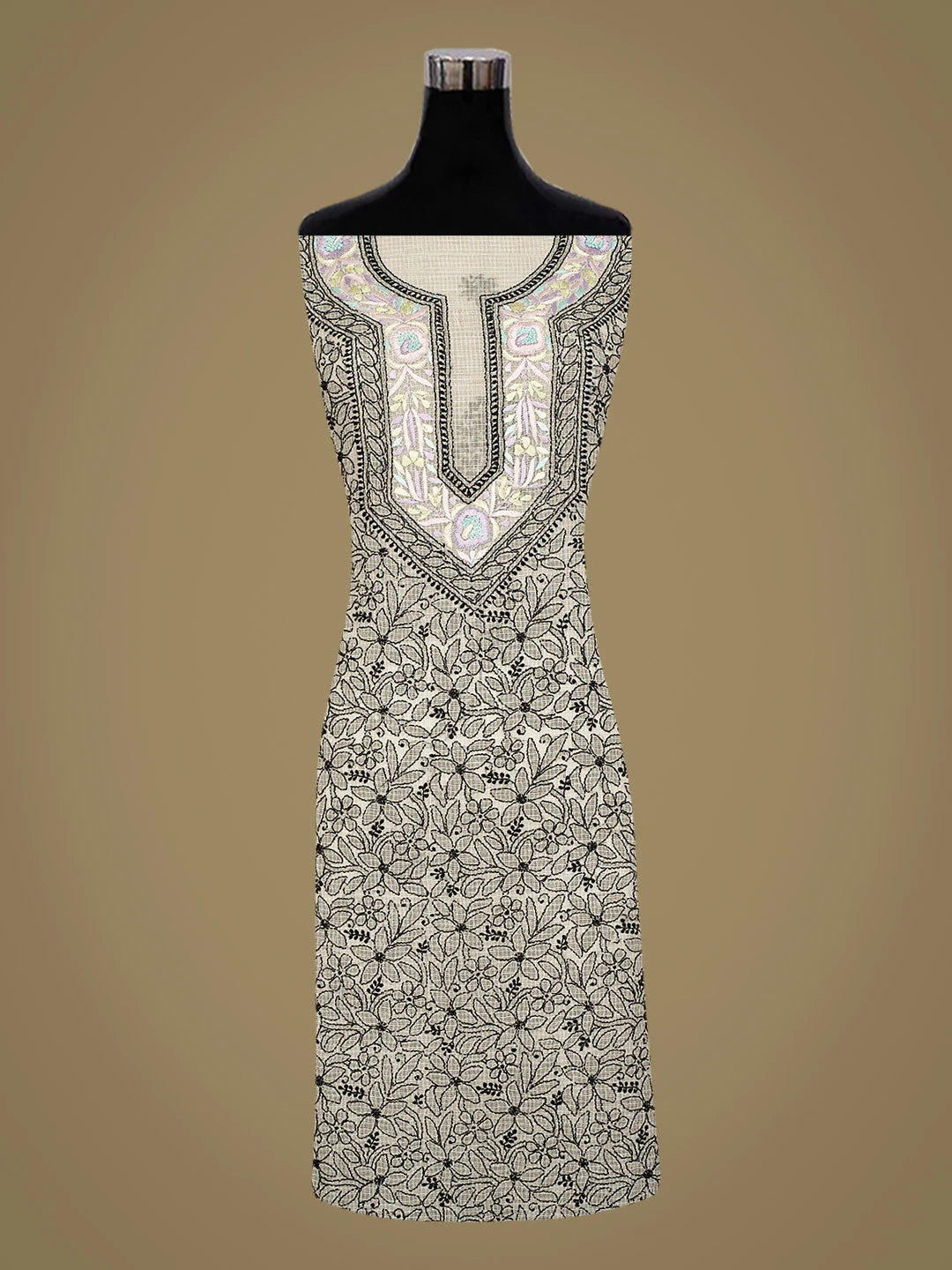 Ada Hand Embroidered White Kota Lucknowi Chikankari Unstitched Kurta Dupatta Set With Parsi Work 01A535595