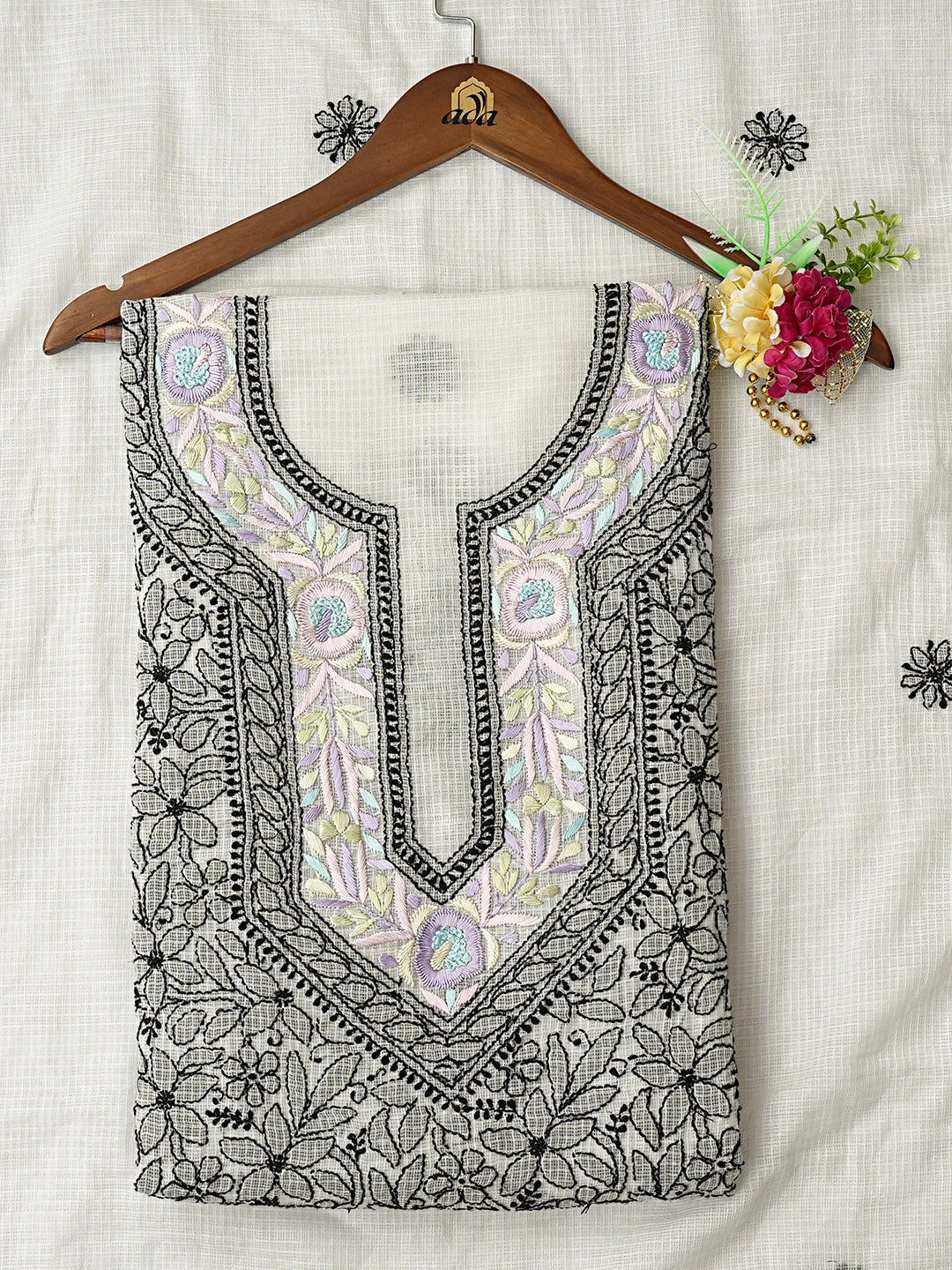Ada Hand Embroidered White Kota Lucknowi Chikankari Unstitched Kurta Dupatta Set With Parsi Work 01A535595