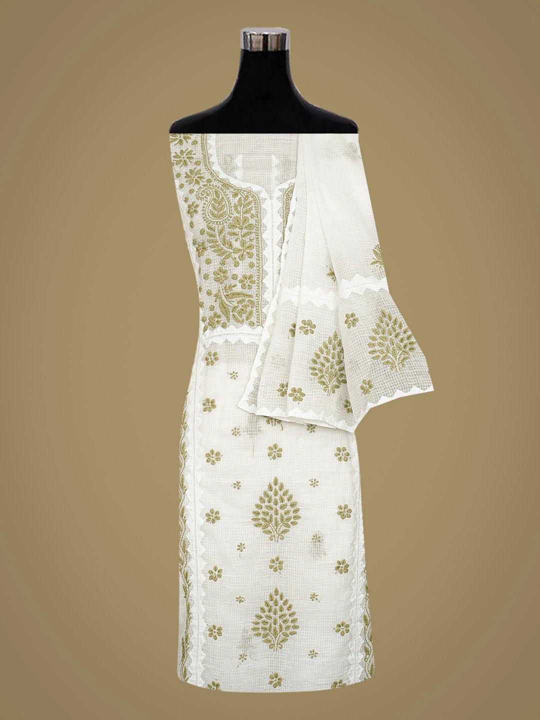 Ada Hand Embroidered White Kota Lucknowi Chikankari Unstitched Kurta Dupatta Set 01A754542
