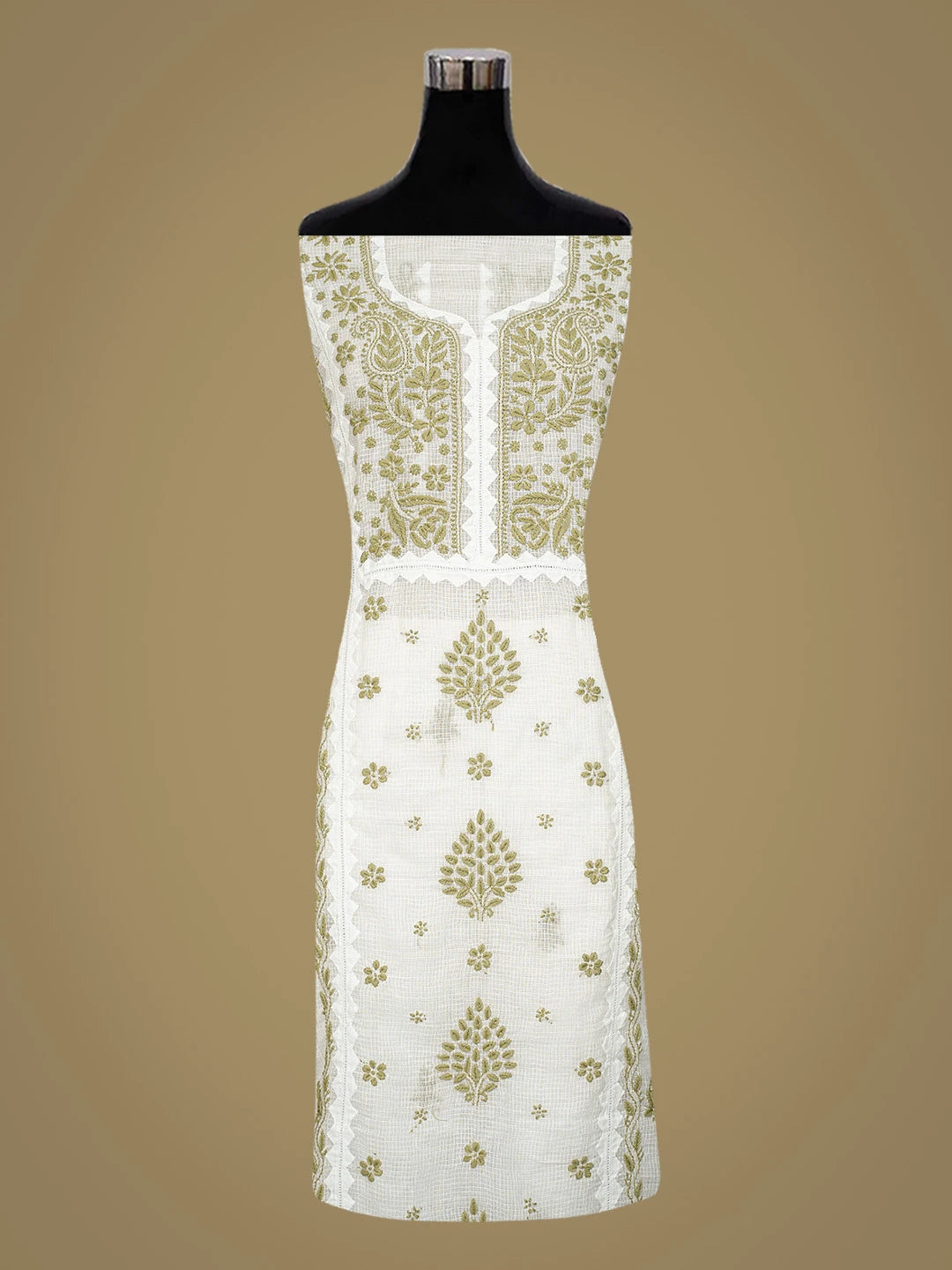 Ada Hand Embroidered White Kota Lucknowi Chikankari Unstitched Kurta Dupatta Set 01A754542