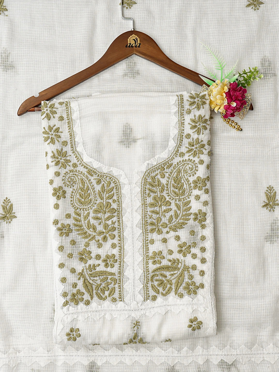 Ada Hand Embroidered White Kota Lucknowi Chikankari Unstitched Kurta Dupatta Set 01A754542