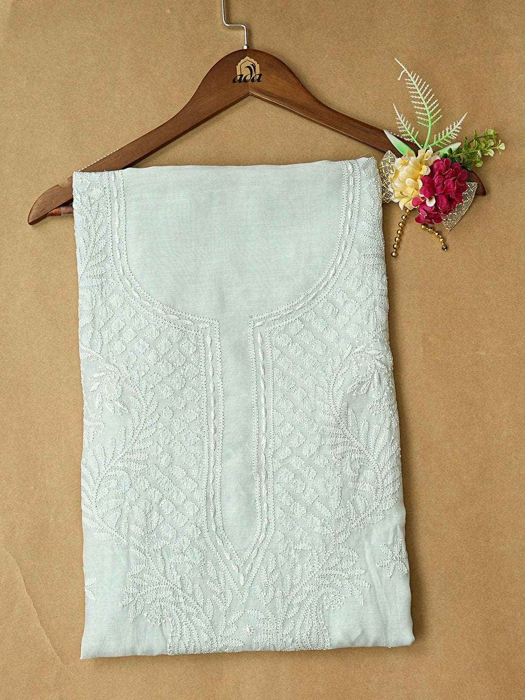 Ada Hand Embroidered Ice Blue Muslin Lucknowi Chikankari Unstitched Kurta Piece 01A811318
