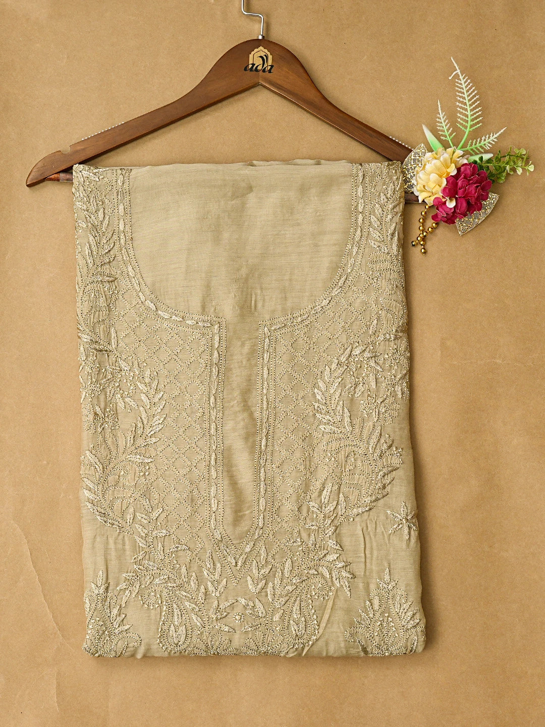 Ada Hand Embroidered Olive Green Muslin Lucknowi Chikankari Unstitched Kurta Piece 01A811322