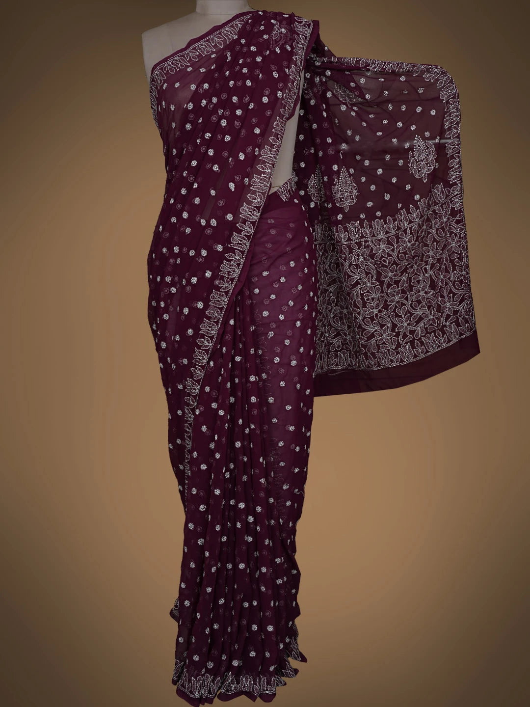 Ada Hand Embroidered Wine Georgette Lucknowi Chikankari Saree and Blouse 01A823588