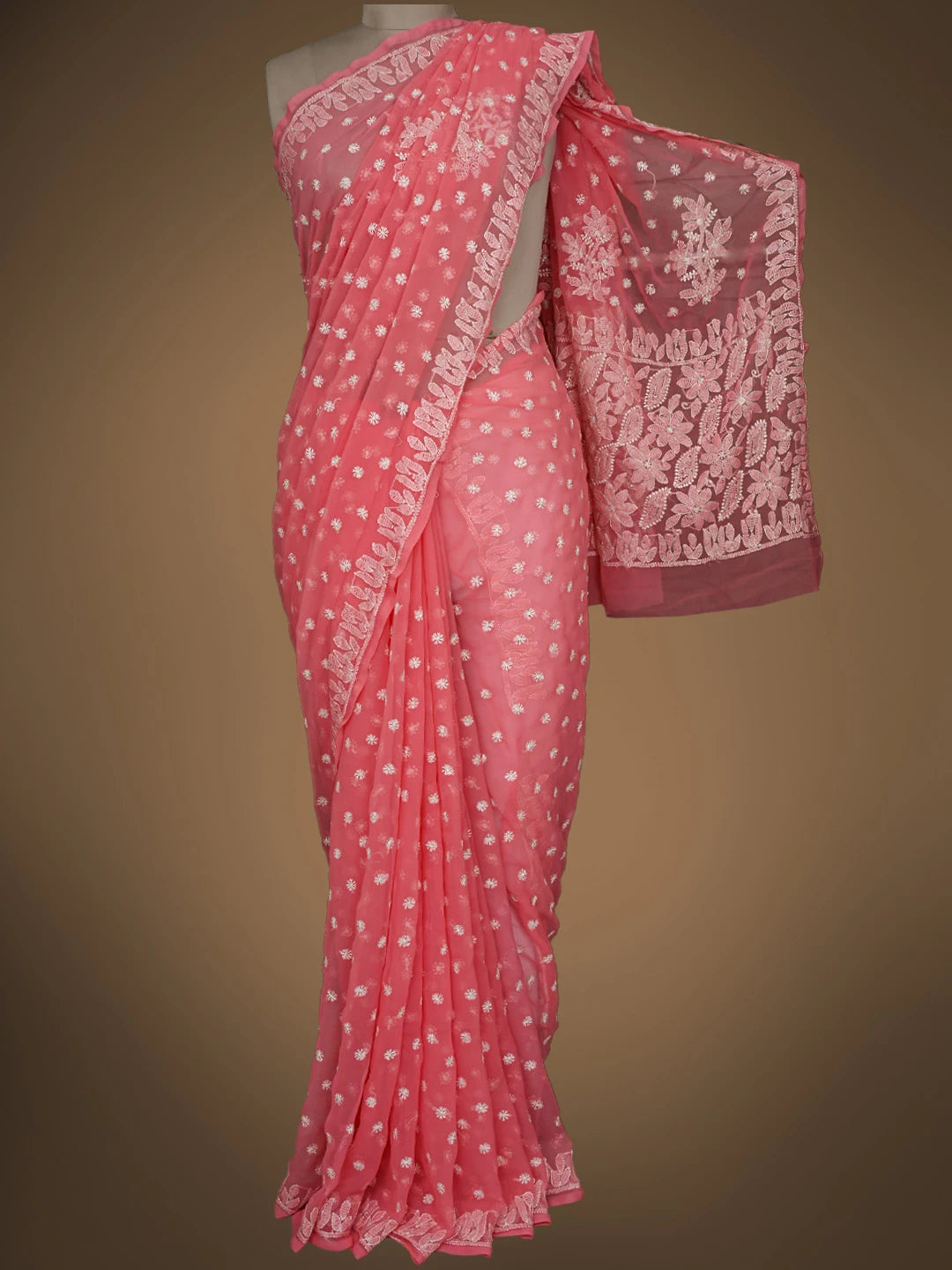 Ada Hand Embroidered Carrot Pink Georgette Lucknowi Chikankari Saree and Blouse 01A823584