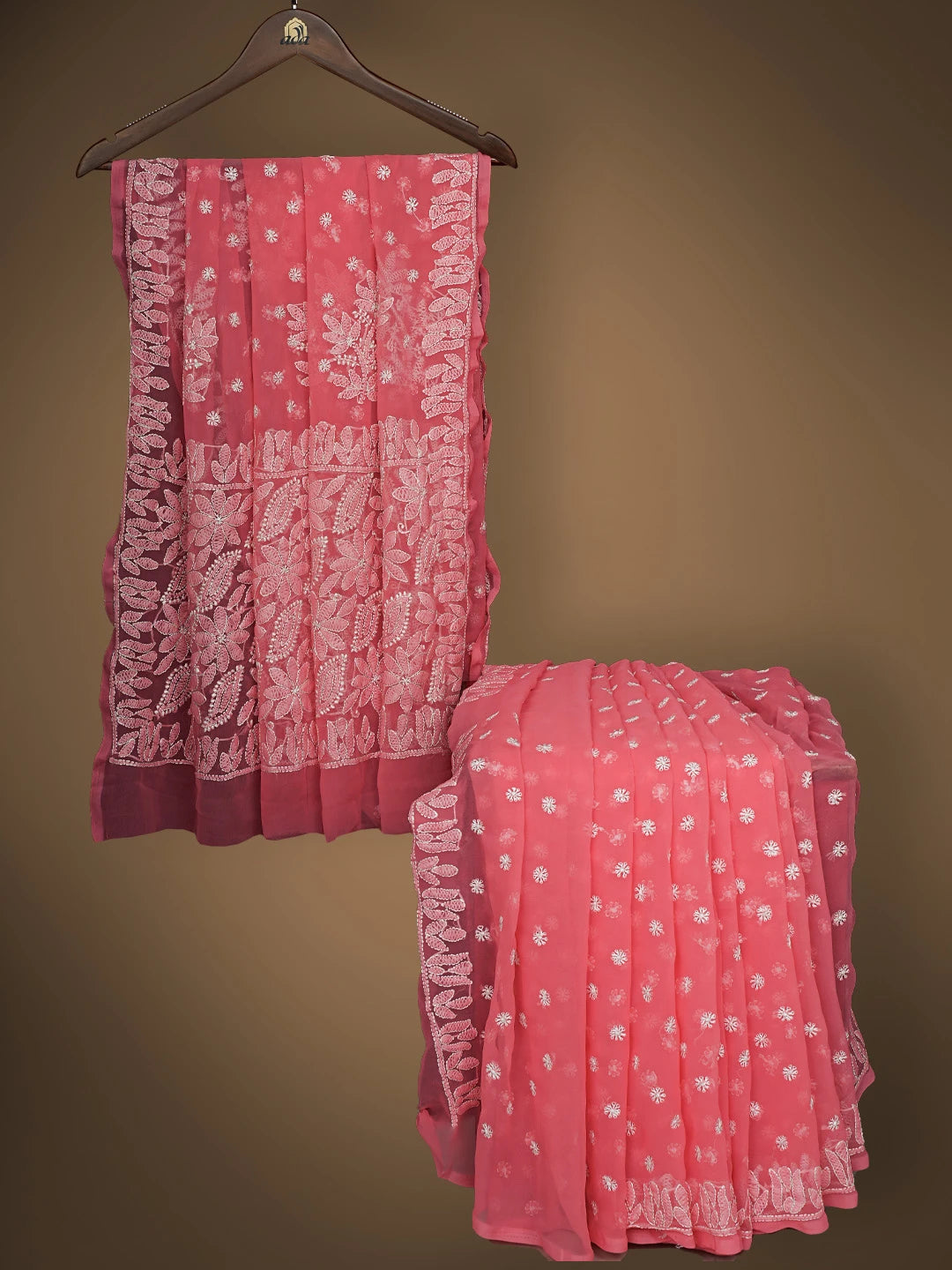 Ada Hand Embroidered Carrot Pink Georgette Lucknowi Chikankari Saree and Blouse 01A823584