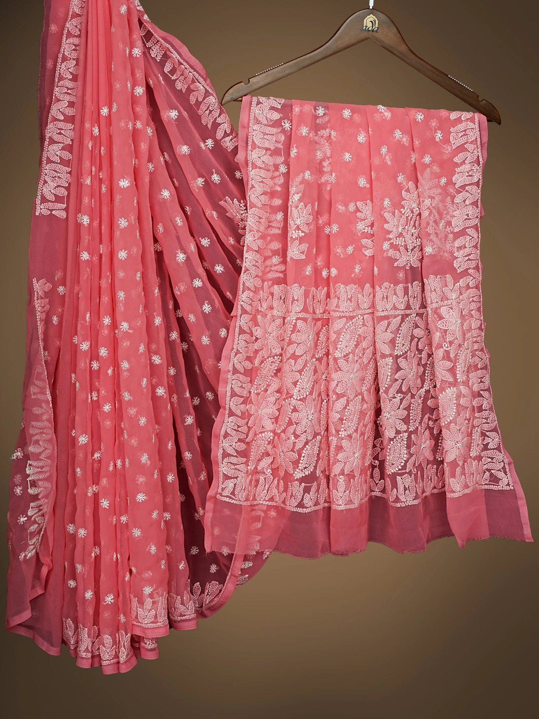 Ada Hand Embroidered Carrot Pink Georgette Lucknowi Chikankari Saree and Blouse 01A823584