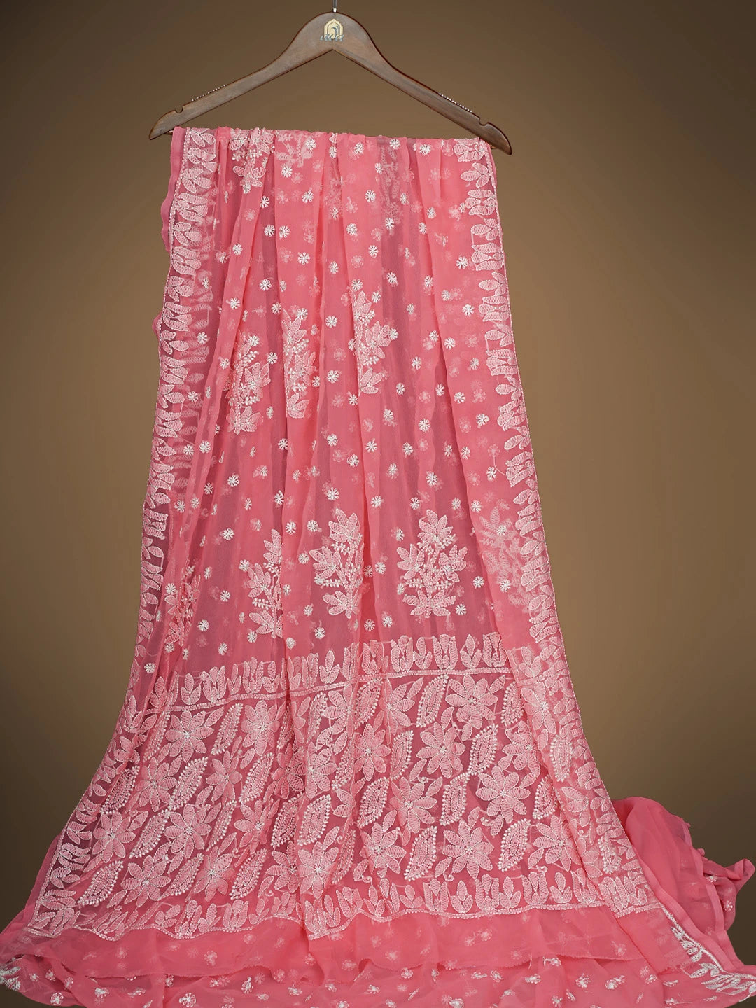 Ada Hand Embroidered Carrot Pink Georgette Lucknowi Chikankari Saree and Blouse 01A823584