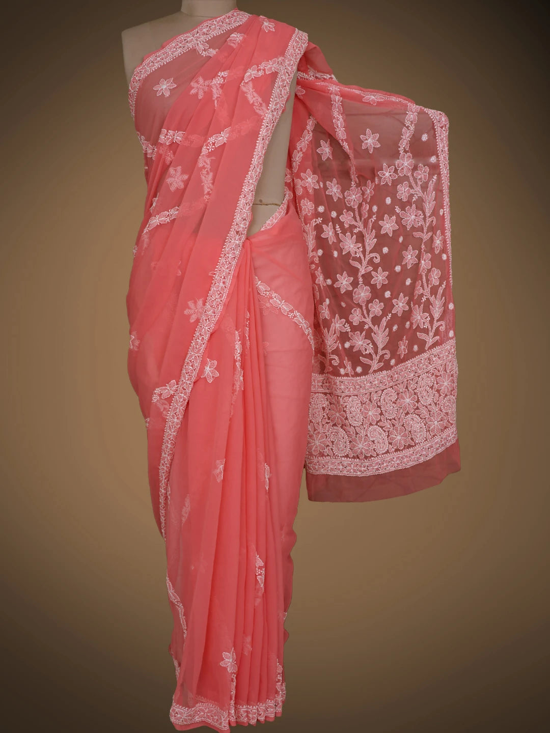 Ada Hand Embroidered Carrot Pink Georgette Lucknowi Chikankari Saree and Blouse 01A823496