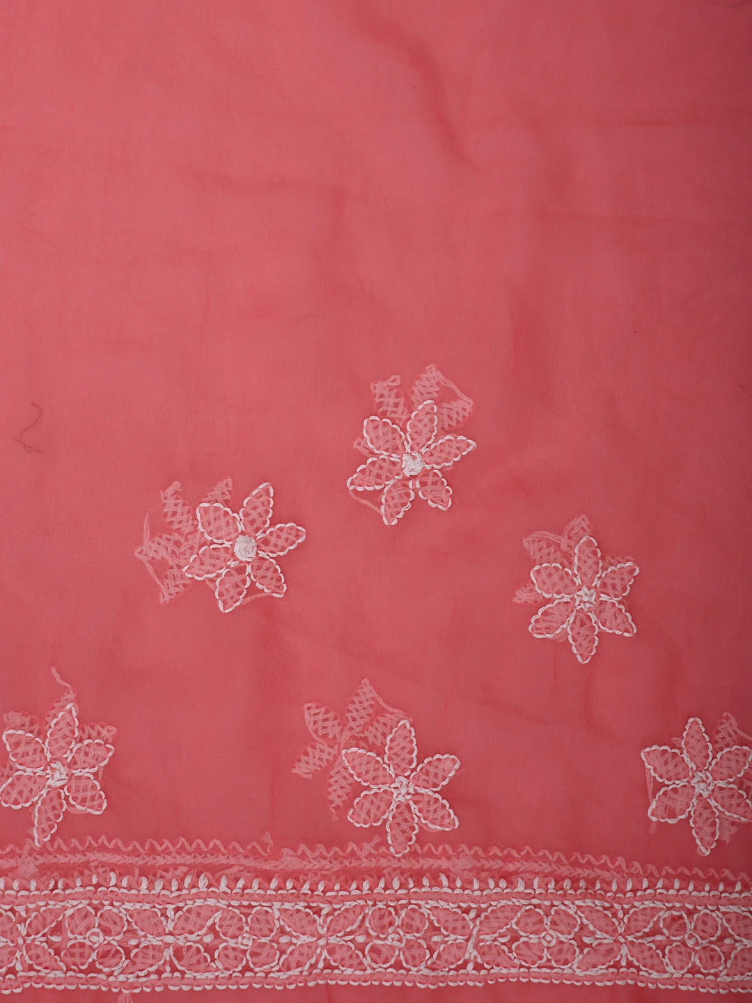 Ada Hand Embroidered Carrot Pink Georgette Lucknowi Chikankari Saree and Blouse 01A823496