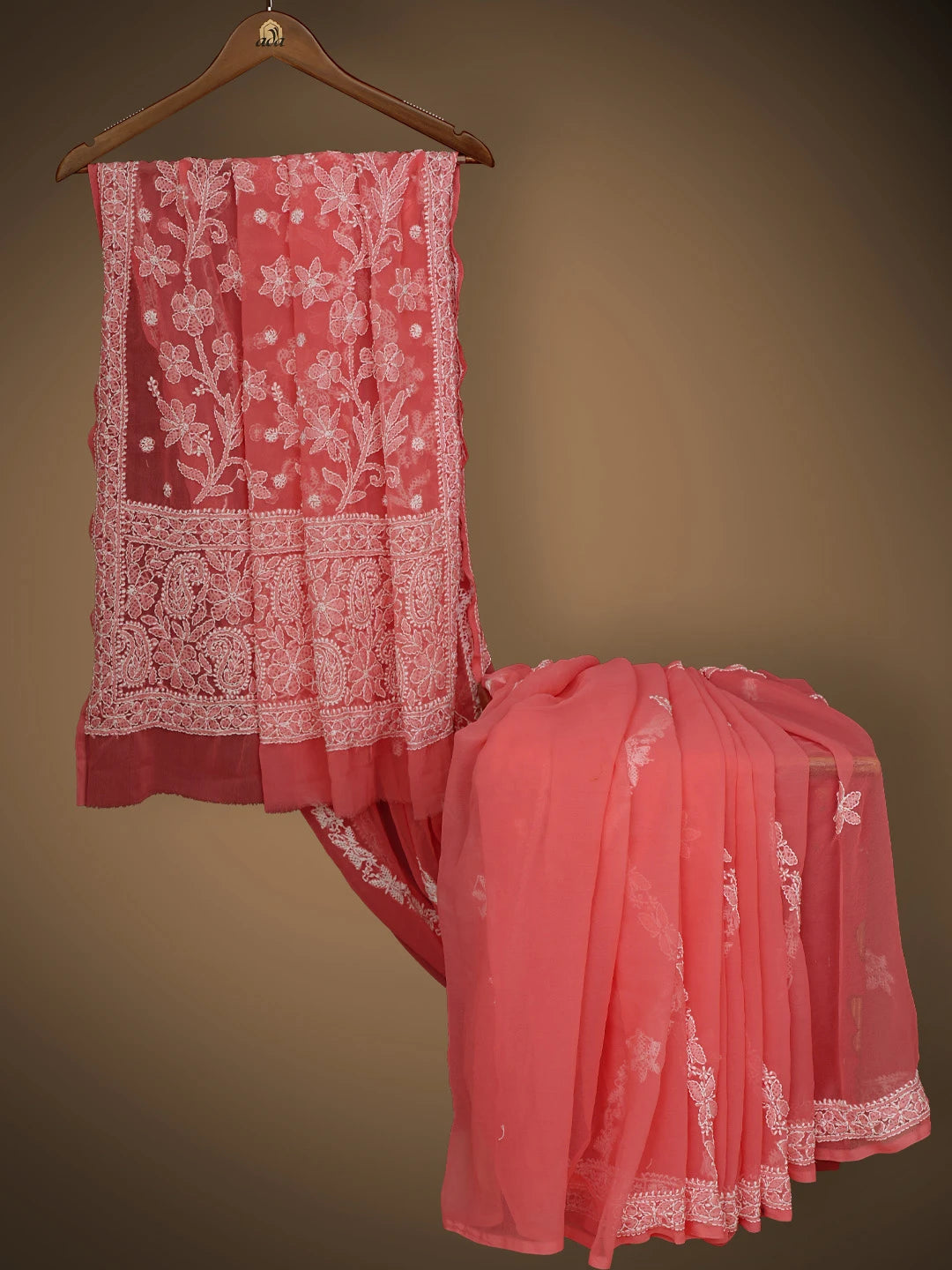 Ada Hand Embroidered Carrot Pink Georgette Lucknowi Chikankari Saree and Blouse 01A823496