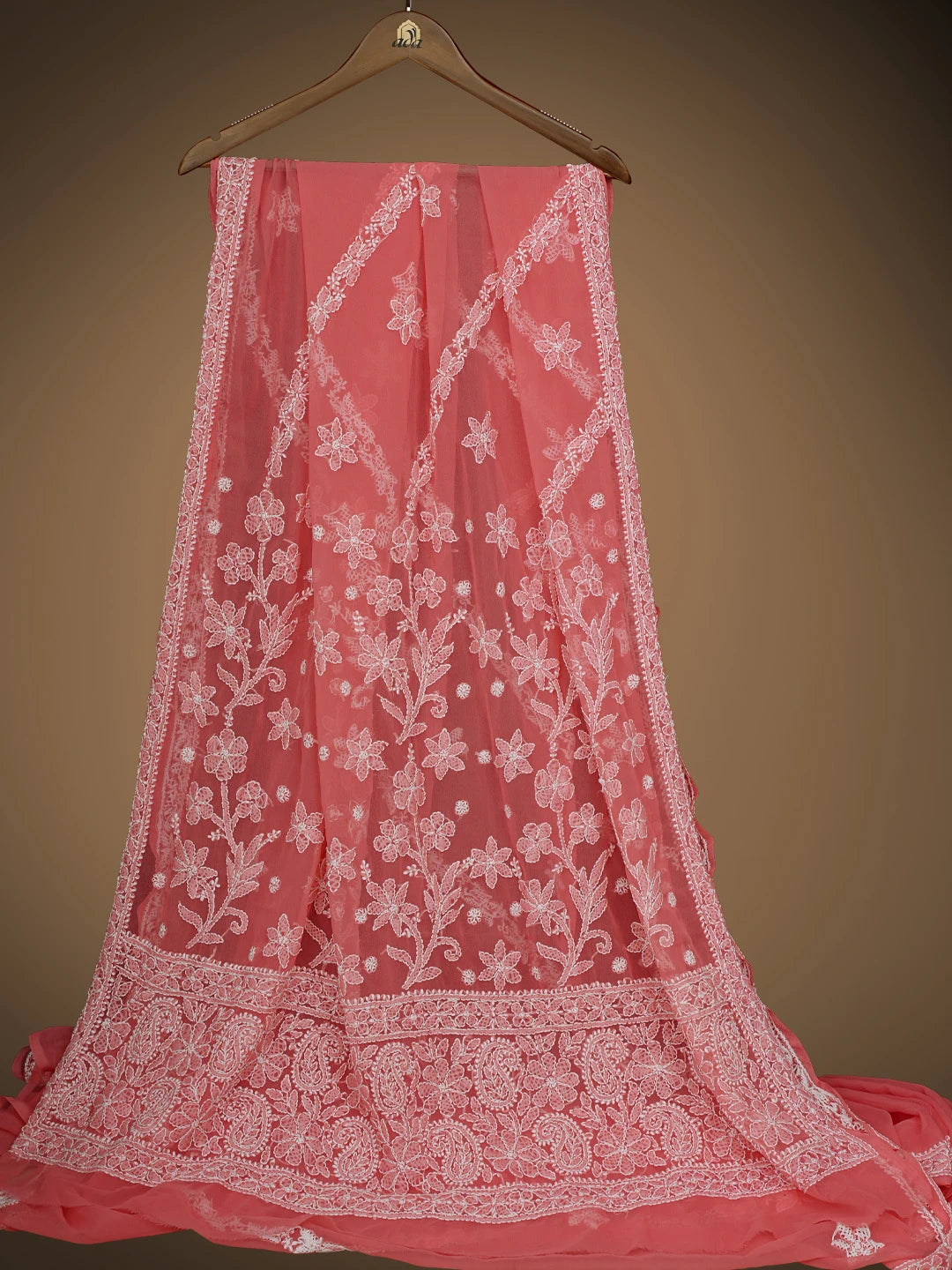 Ada Hand Embroidered Carrot Pink Georgette Lucknowi Chikankari Saree and Blouse 01A823496