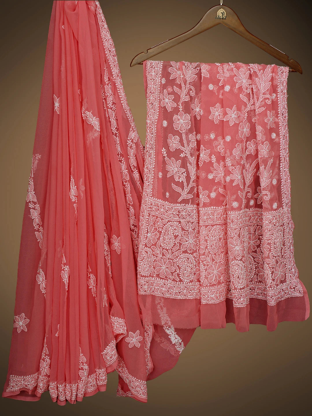 Ada Hand Embroidered Carrot Pink Georgette Lucknowi Chikankari Saree and Blouse 01A823496