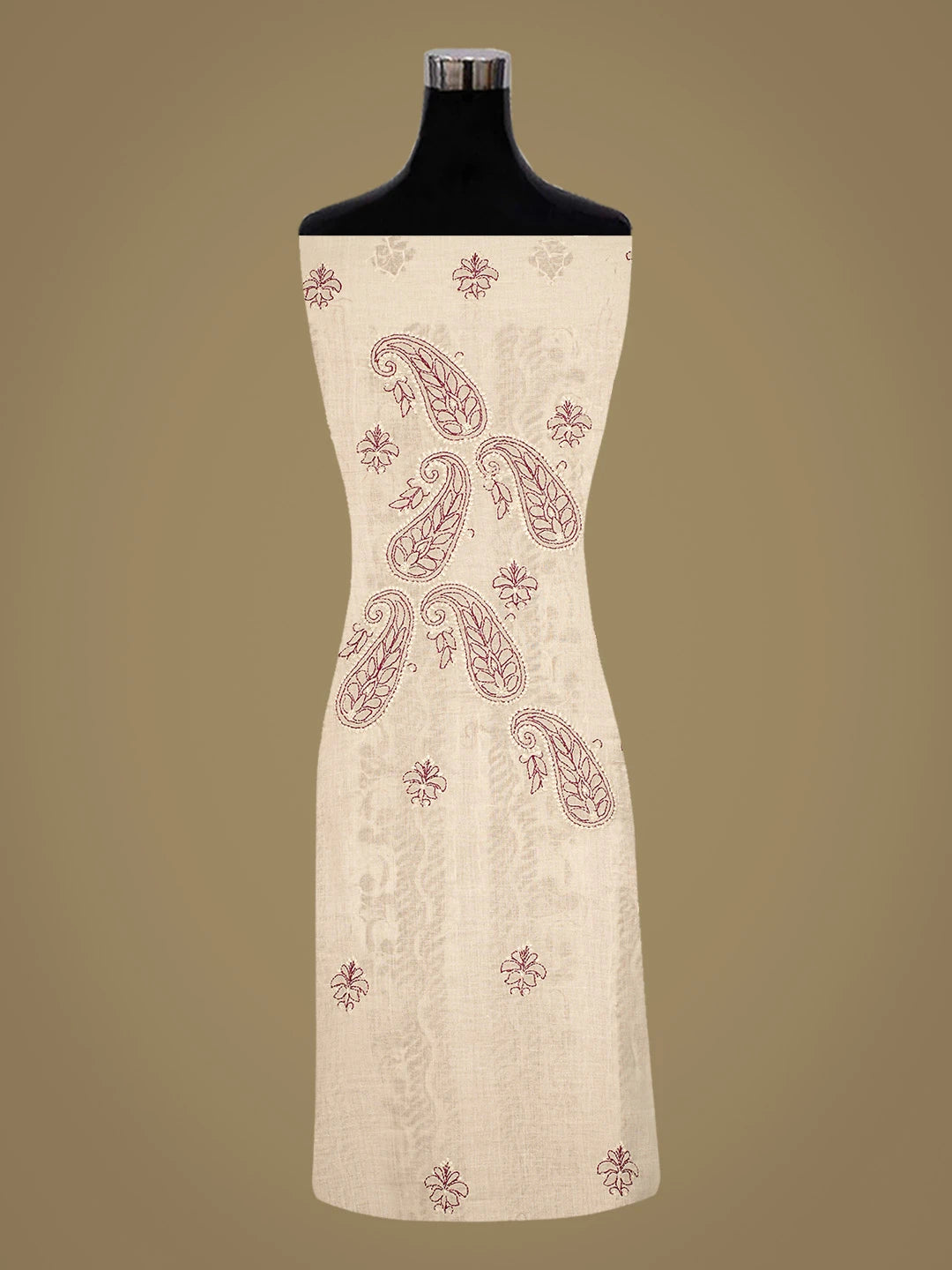 Ada Hand Embroidered Ivory White And Magenta Cotton Lucknowi Chikankari Unstitched Suit Piece 08A500497