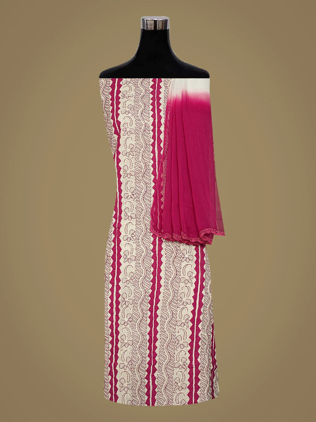 Ada Hand Embroidered Ivory White And Magenta Cotton Lucknowi Chikankari Unstitched Suit Piece 08A500497